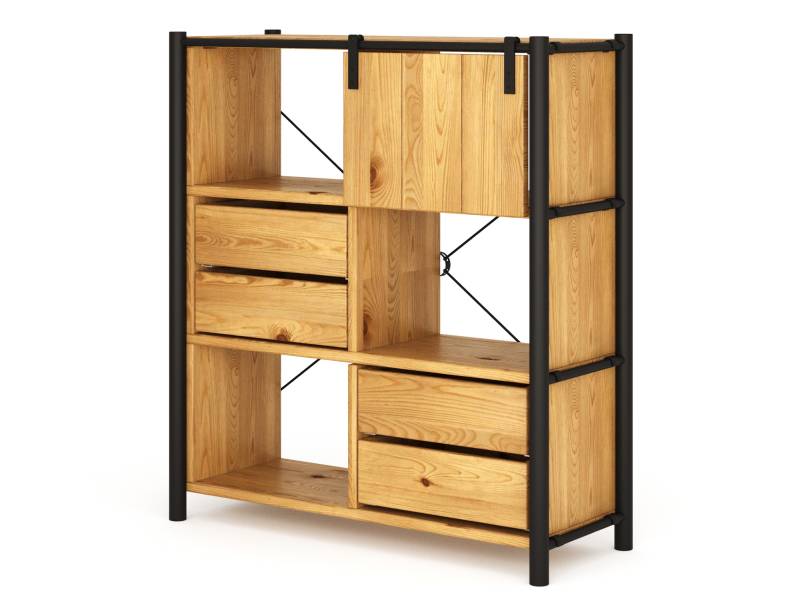 LIVERPOOL 4er Regal-Kombi II, Highboard II aus Massivholz, Thermo-Fichte, Metall schwarz von Möbel-Eins