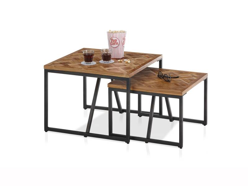 LOONA 2er-Set Beistelltische aus recyceltem Teakholz, Gestell Metall schwarz von Möbel-Eins