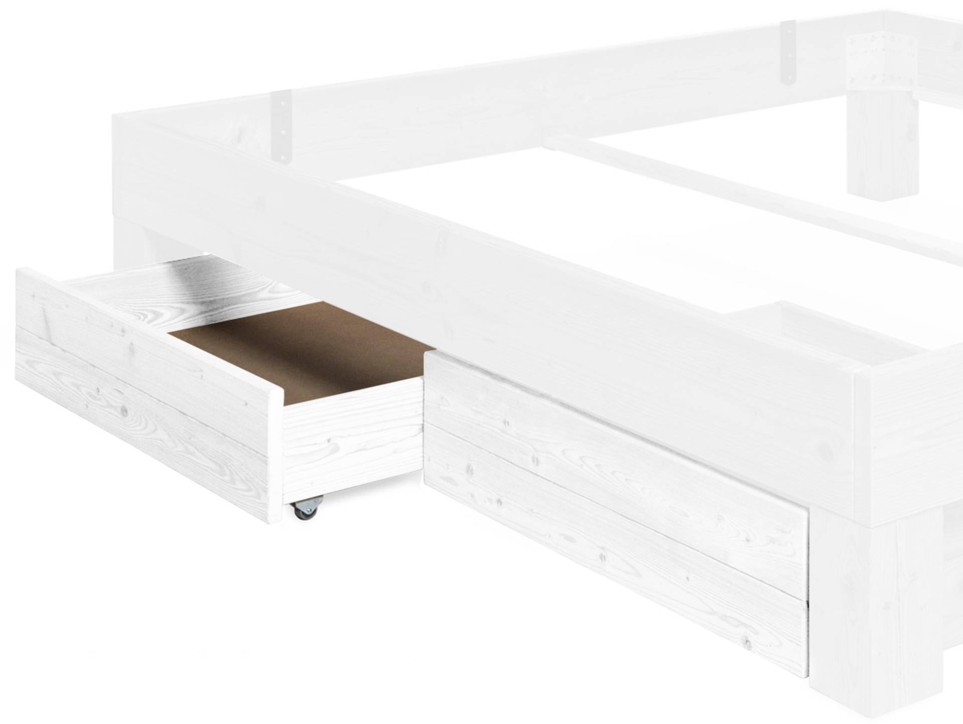 LUKY 2er Set Bettschubladen für 4-Fuß-Bett Überlänge, Material Massivholz, Fichte weiß lackiert von Möbel-Eins