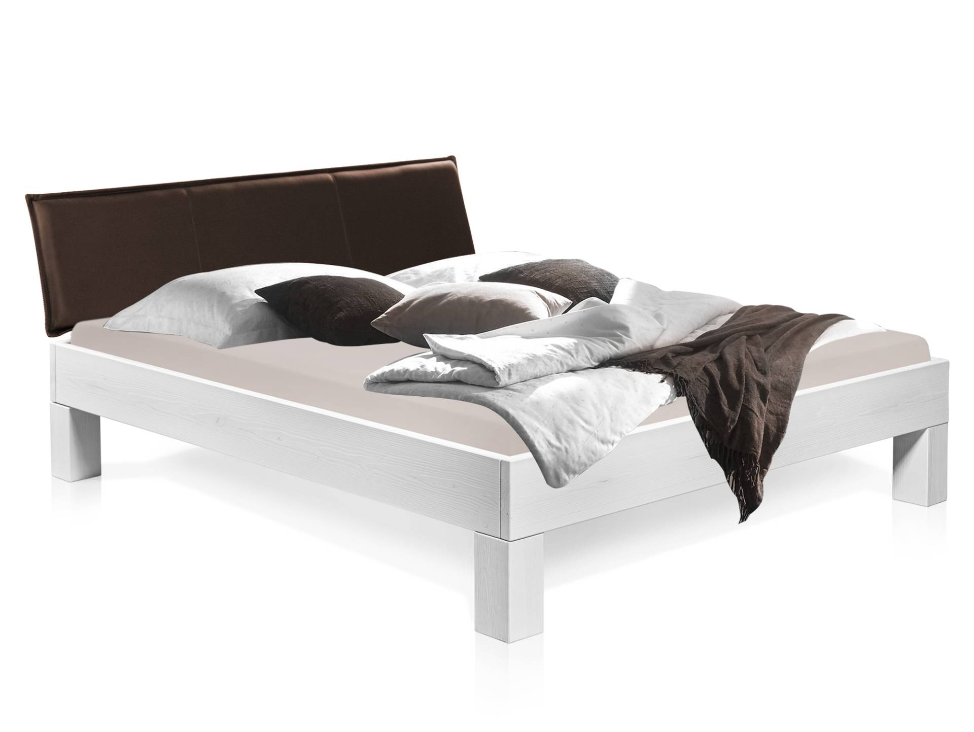 LUKY 4-Fuß-Bett mit Polster-Kopfteil, Material Massivholz, Fichte massiv von Möbel-Eins