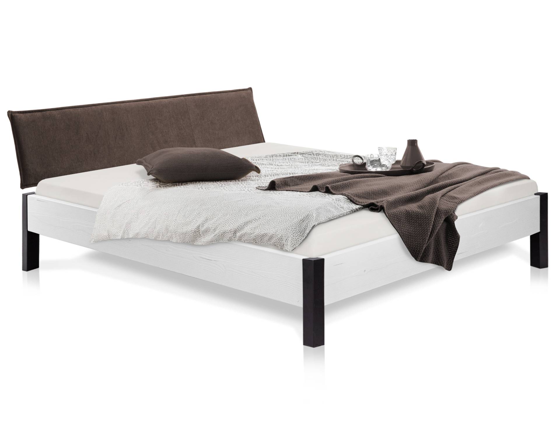 LUKY Bett Metallfuß, mit Polsterkopfteil, Material Massivholz, Fichte massiv von Möbel-Eins