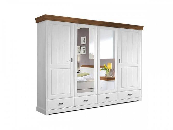 Moebel-Eins Kleiderschrank ROMAN Kleiderschrank / Drehtürenschrank, Material Massivholz, Kiefer, Türen: 4 St., weiss/honig von Möbel-Eins