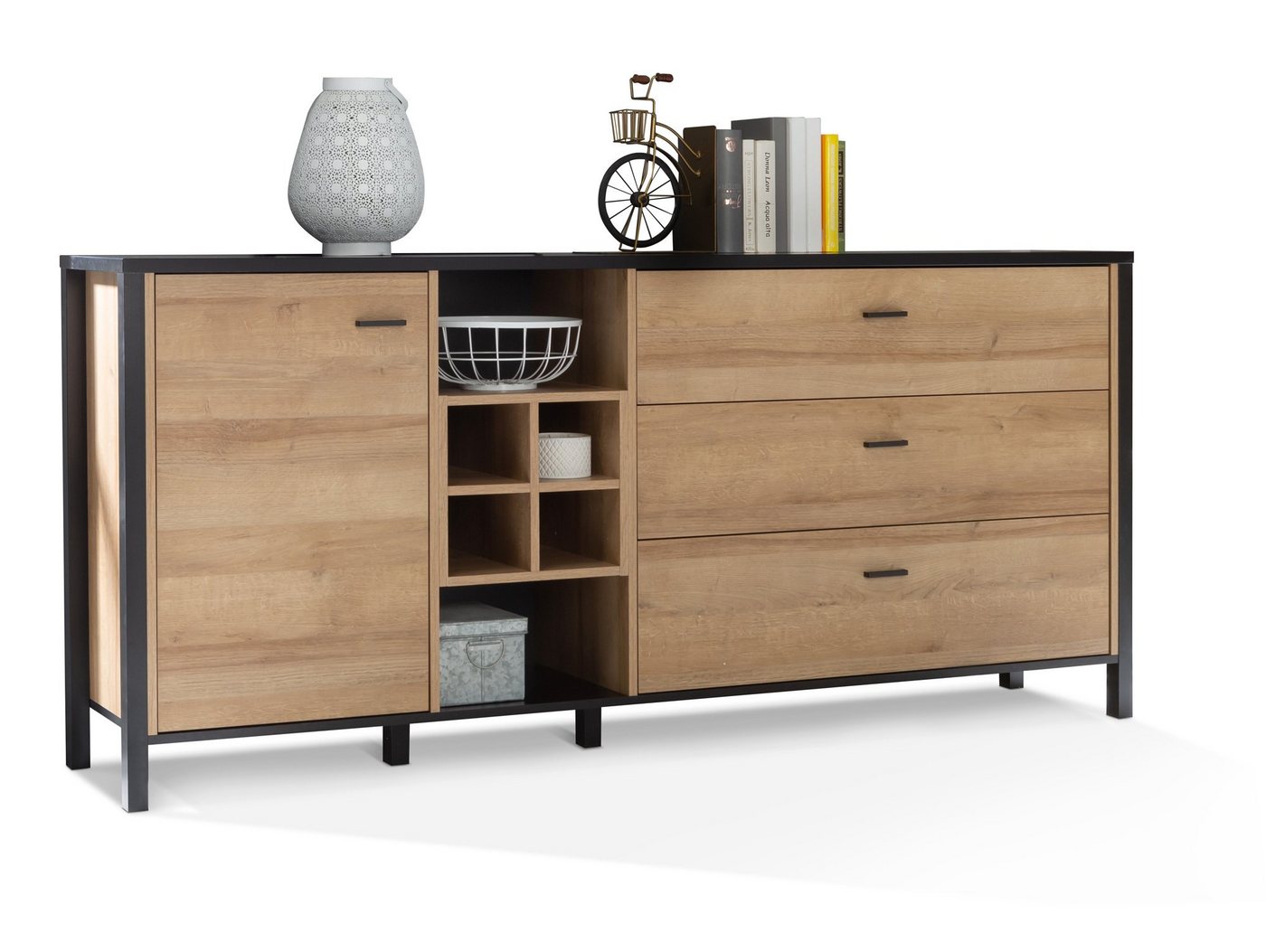 Moebel-Eins Kommode, HAVANO Sideboard L II, Material Dekorspanplatte, Riviera Eichefarbig/schwarz von Moebel-Eins