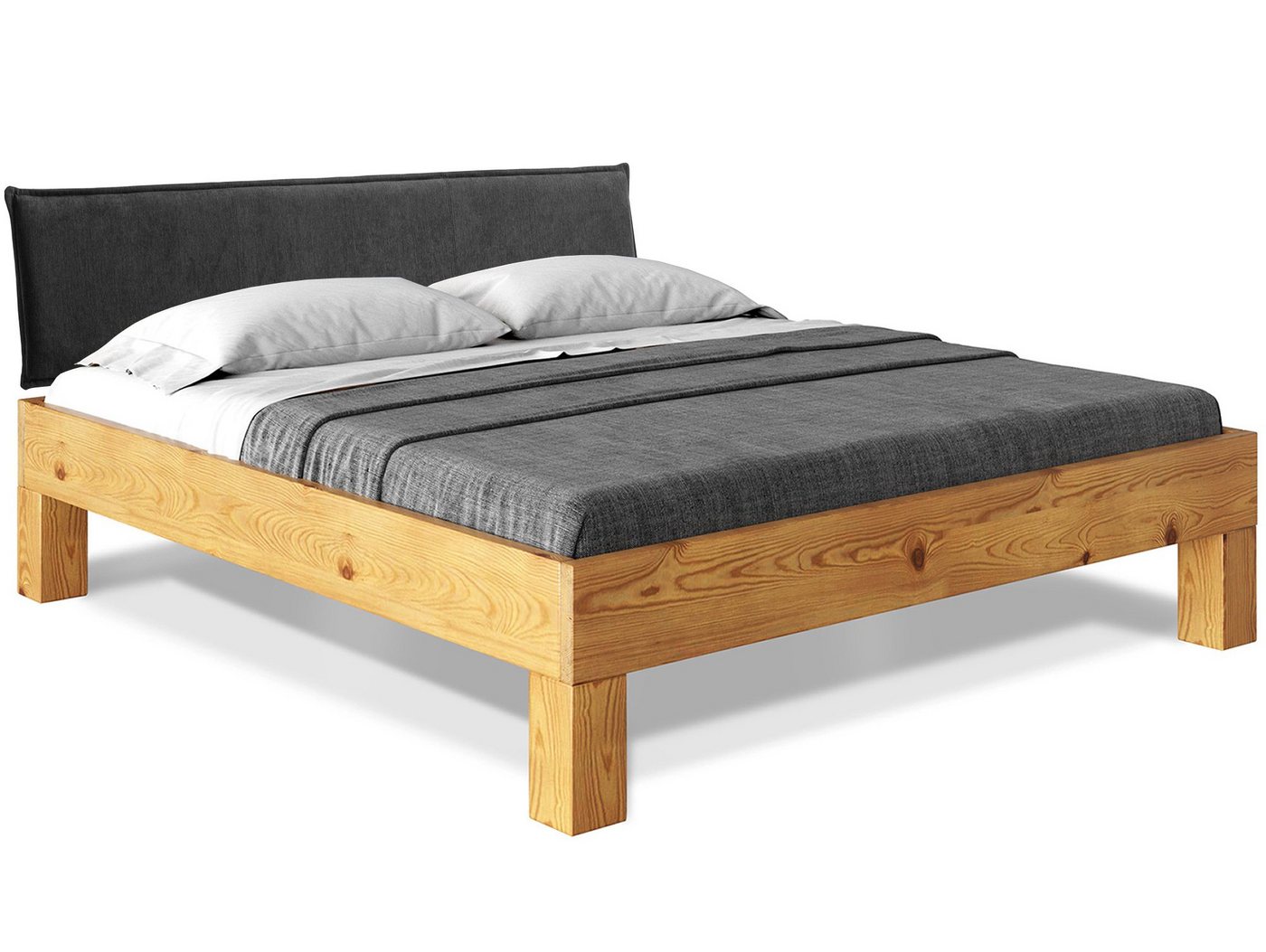 Moebel-Eins Massivholzbett, CURBY 4-Fuß-Bett mit Polster-Kopfteil, Material Massivholz, rustikale Altholzoptik, Fichte von Moebel-Eins