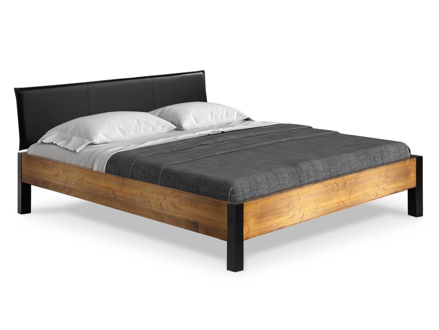 Moebel-Eins Massivholzbett, CURBY Bett Metallfuß, mit Polsterkopfteil, Material Massivholz, rustikale Altholzoptik, Fichte von Moebel-Eins