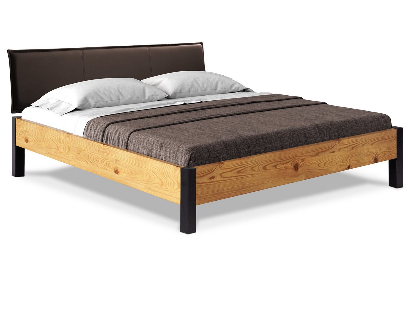 Moebel-Eins Massivholzbett, CURBY Bett Metallfuß, mit Polsterkopfteil, Material Massivholz, rustikale Altholzoptik, Fichte von Moebel-Eins