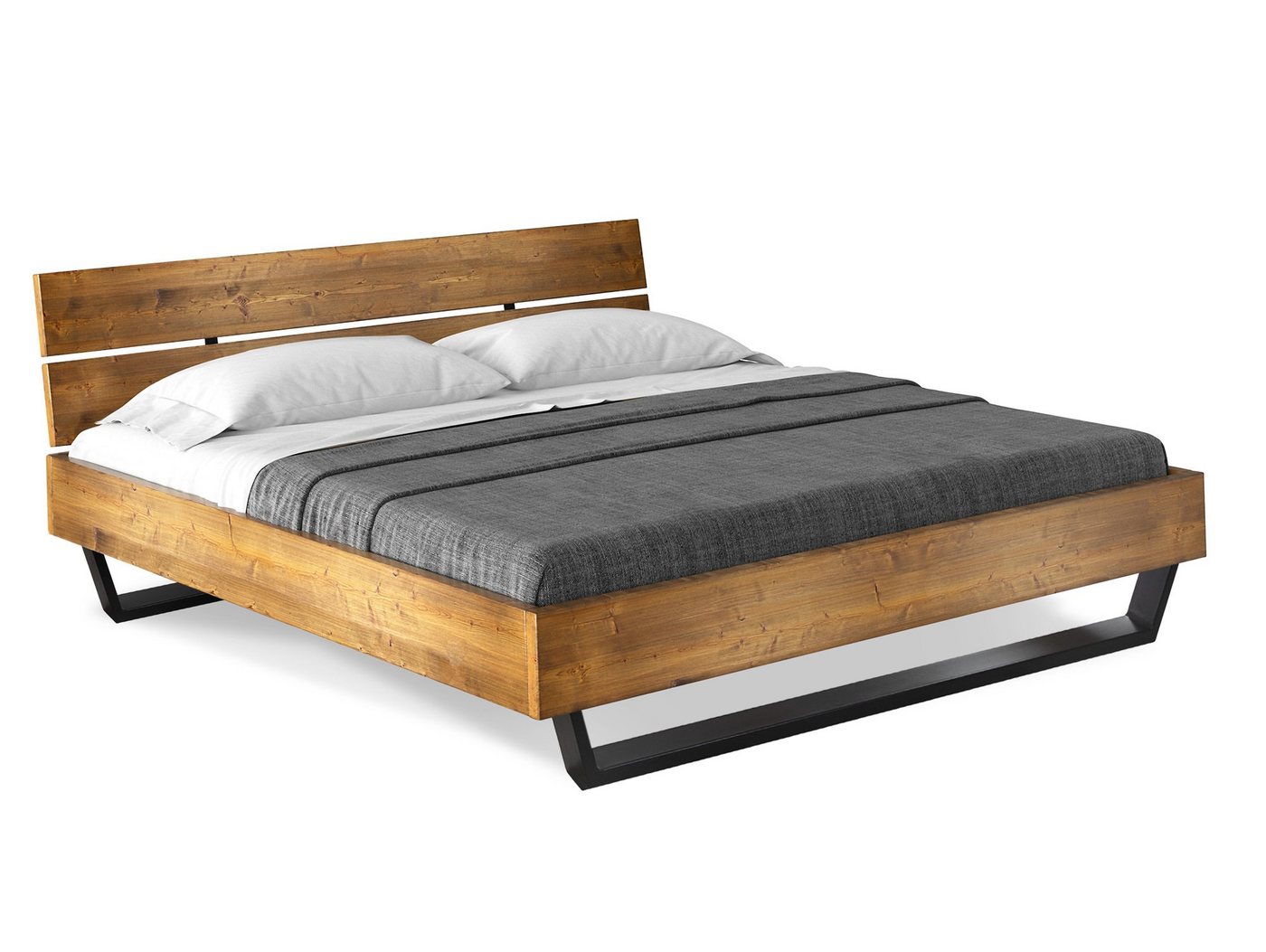 Moebel-Eins Massivholzbett, CURBY Kufenbett mit Kopfteil, Material Massivholz, rustikale Altholzoptik, Fichte, Kufen schwarz von Moebel-Eins