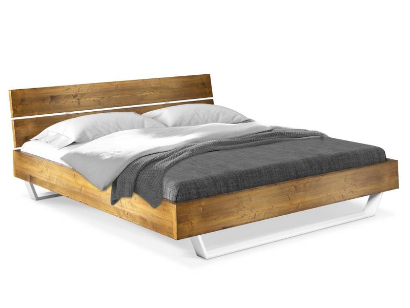 Moebel-Eins Massivholzbett, CURBY Kufenbett mit Kopfteil, Material Massivholz, rustikale Altholzoptik, Fichte, Kufen weiß von Moebel-Eins