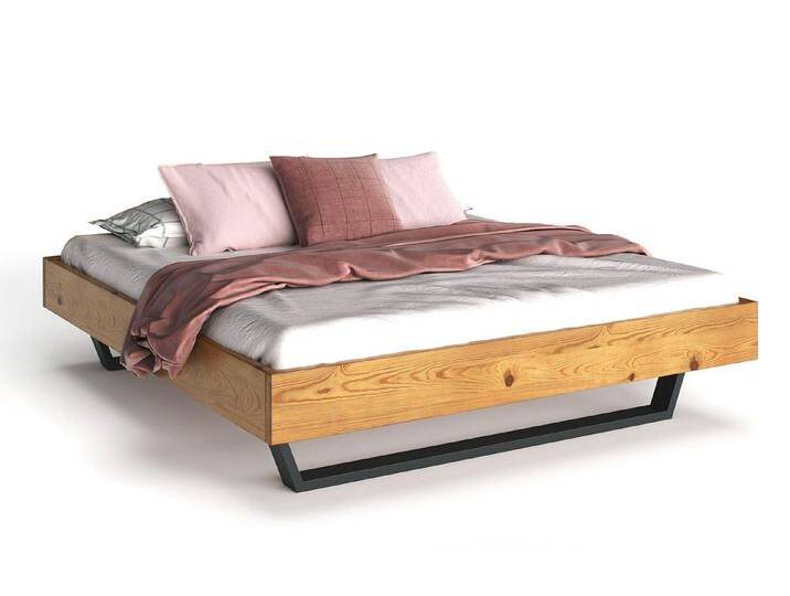 Moebel-Eins Massivholzbett, CURBY Kufenbett ohne Kopfteil, Material Massivholz, rustikale Altholzoptik, Fichte, Kufen schwarz, 90 x 200 cm, natur von Möbel-Eins