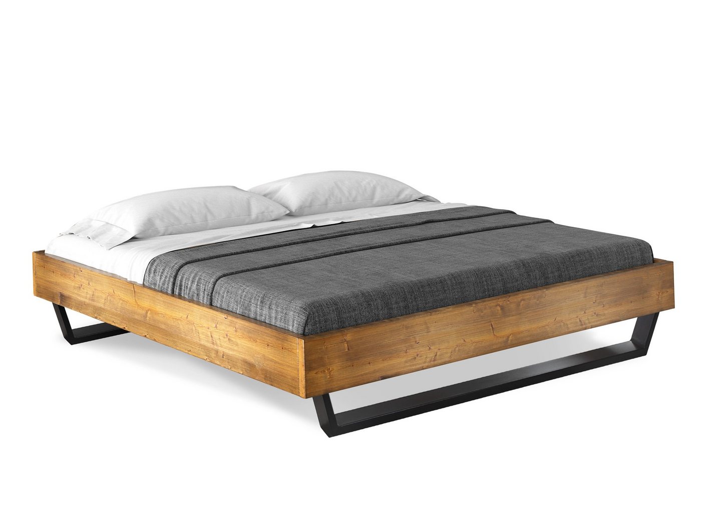 Moebel-Eins Massivholzbett, CURBY Kufenbett ohne Kopfteil, Material Massivholz, rustikale Altholzoptik, Fichte, Kufen schwarz von Moebel-Eins