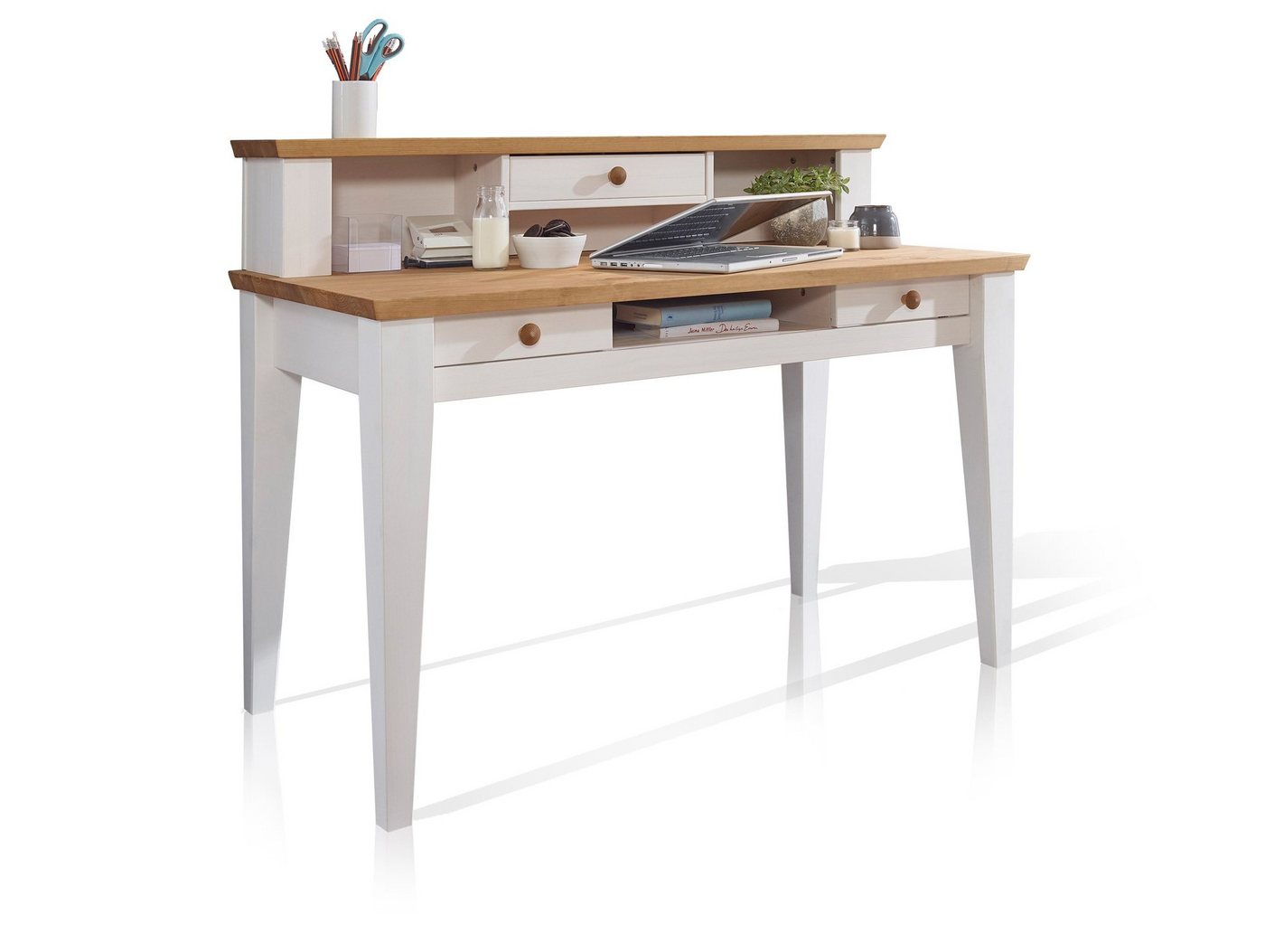 Moebel-Eins Schreibtisch, BORNHOLM Schreibtisch, Material Massivholz, Kiefer weiss/eichefarbig von Moebel-Eins
