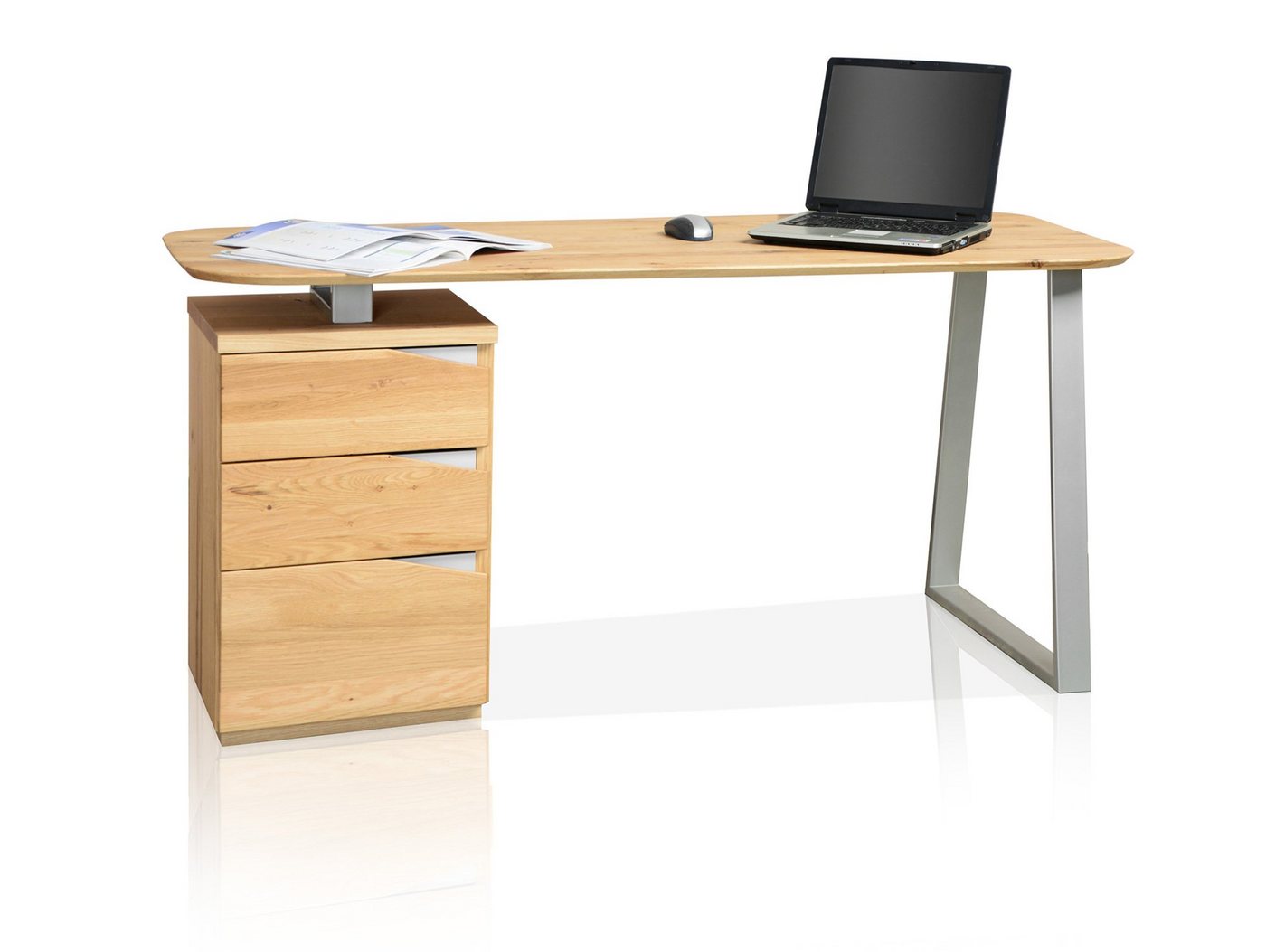 Moebel-Eins Schreibtisch, MORI Schreibtisch, Material Teilmassiv, Asteiche furniert mit Metallgestell von Moebel-Eins