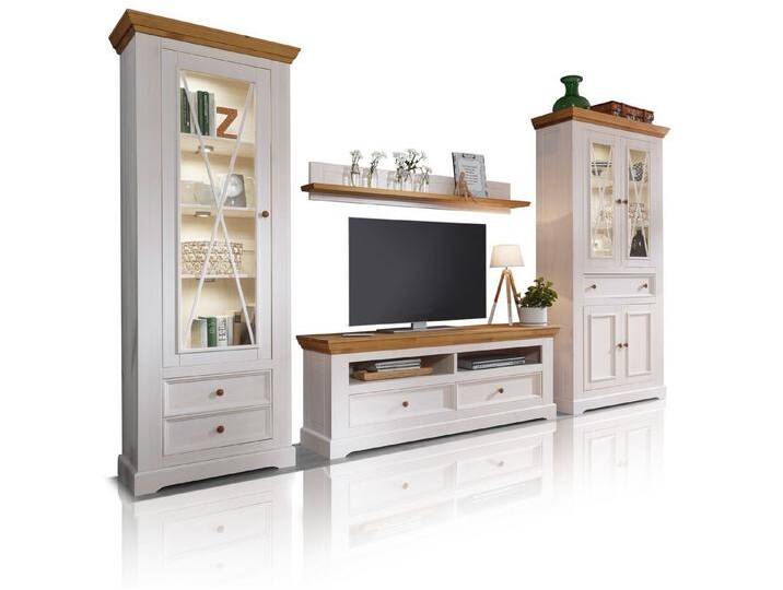 Moebel-Eins Wohnzimmer-Set, BORNHOLM Wohnwand, Material Massivholz, Kiefer weiss/eichefarbig, weiß von Möbel-Eins