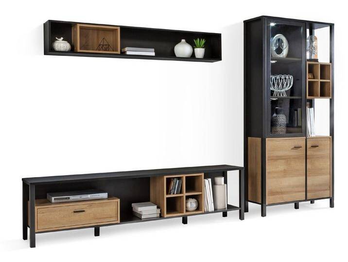 Moebel-Eins Wohnzimmer-Set, HAVANO Wohnwand, Material Dekorspanplatte, Riviera Eichefarbig/schwarz von Möbel-Eins