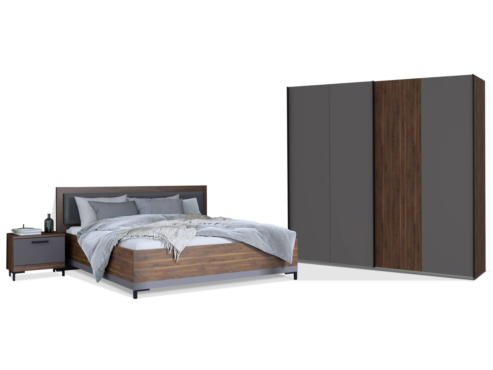 QUERRY Komplettschlafzimmer, Material Dekorspanplatte, walnussfarbig / grau von Möbel-Eins
