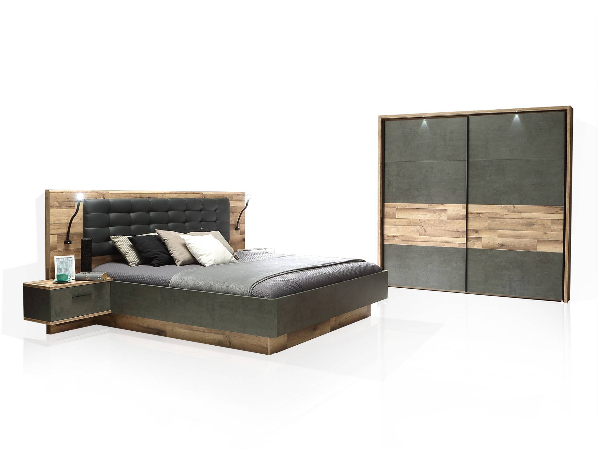 RICCANO Komplett-Schlafzimmer I, Material Dekorspanplatte, stabeichefarbig / grau von Möbel-Eins