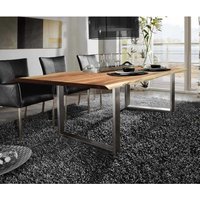 Baumkanten Esszimmertisch aus Akazie Massivholz Bügelgestell in Altsilberfarben von Möbel Exclusive
