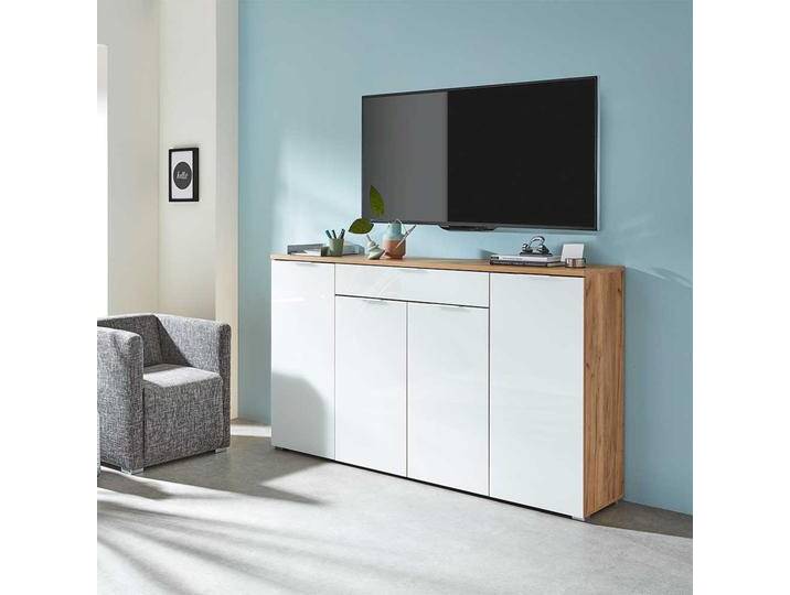 Design Sideboard in Weiß Glas beschichtet Eiche Dekor von Möbel-Exclusive
