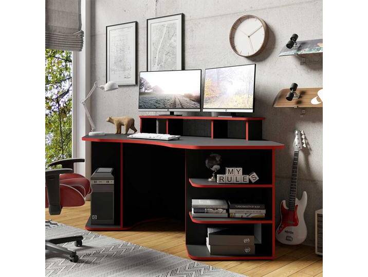 Gamer Schreibtisch in Schwarz und Rot halbrunder Tischplatte Gamer Schreibtisch in Schwarz und Rot halbrunder Tischplatte von Möbel-Exclusive