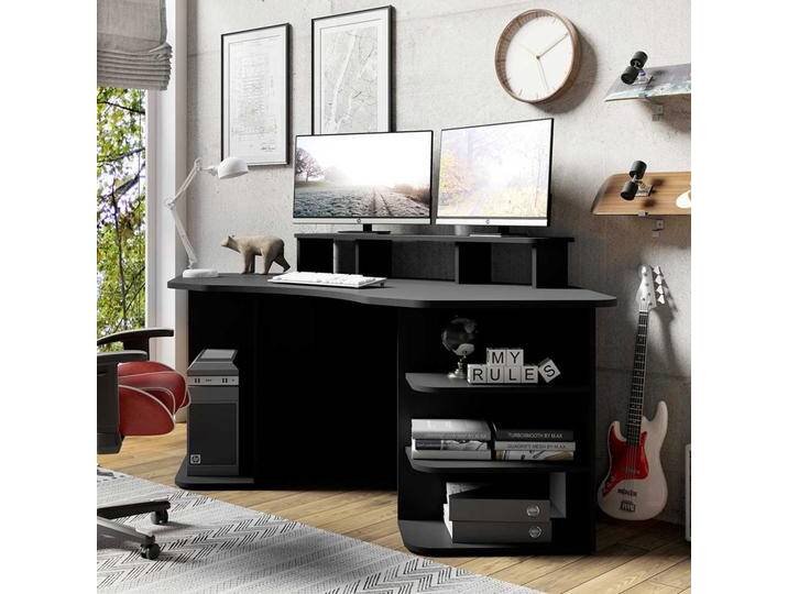 Halbrunder Schreibtisch in Schwarz Seitenregalen und Bildschirmaufsatz Halbrunder Schreibtisch in Schwarz Seitenregalen und Bildschirmaufsatz von Möbel-Exclusive