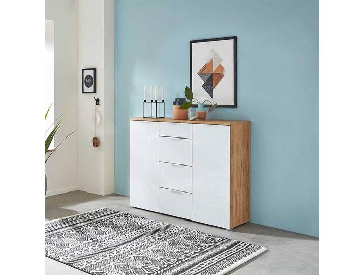 Wohnzimmer Kommode in Weiß Glas beschichtet Eichefarben von Möbel-Exclusive