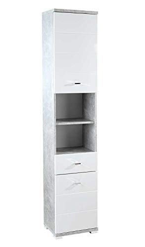 Möbel Jack Hochschrank für Badezimmer mit 2 Ablagefächer, 2 Türen und 1 Schublade - Betonoptik - Weiß Hochglanz - 38 x 190 cm - Badezimmerschrank Badregal Badmöbel von Möbel Jack