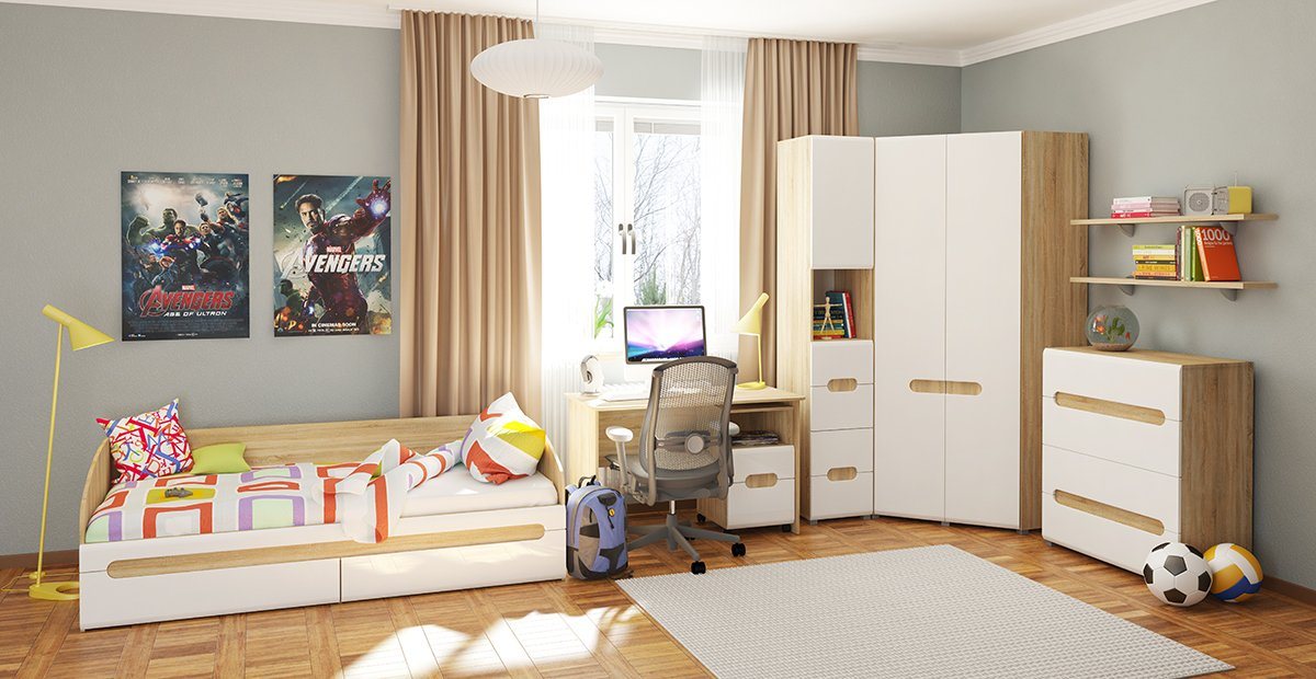 Möbel-Lux Jugendzimmer-Set Leonardo, (6-St., Bett, Eckkleiderschrank, Kommode, Regal, Schreibtisch, Rollcontainer) von Möbel-Lux