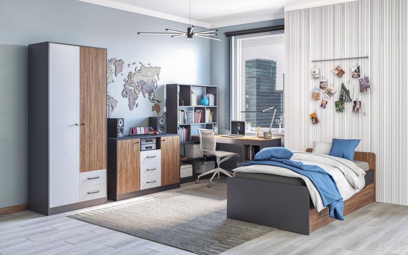 Möbel-Lux Jugendzimmer-Set Malma, (4-St., Bett, Schreibtisch mit Regal, Highboard, Kleiderschrank) von Möbel-Lux