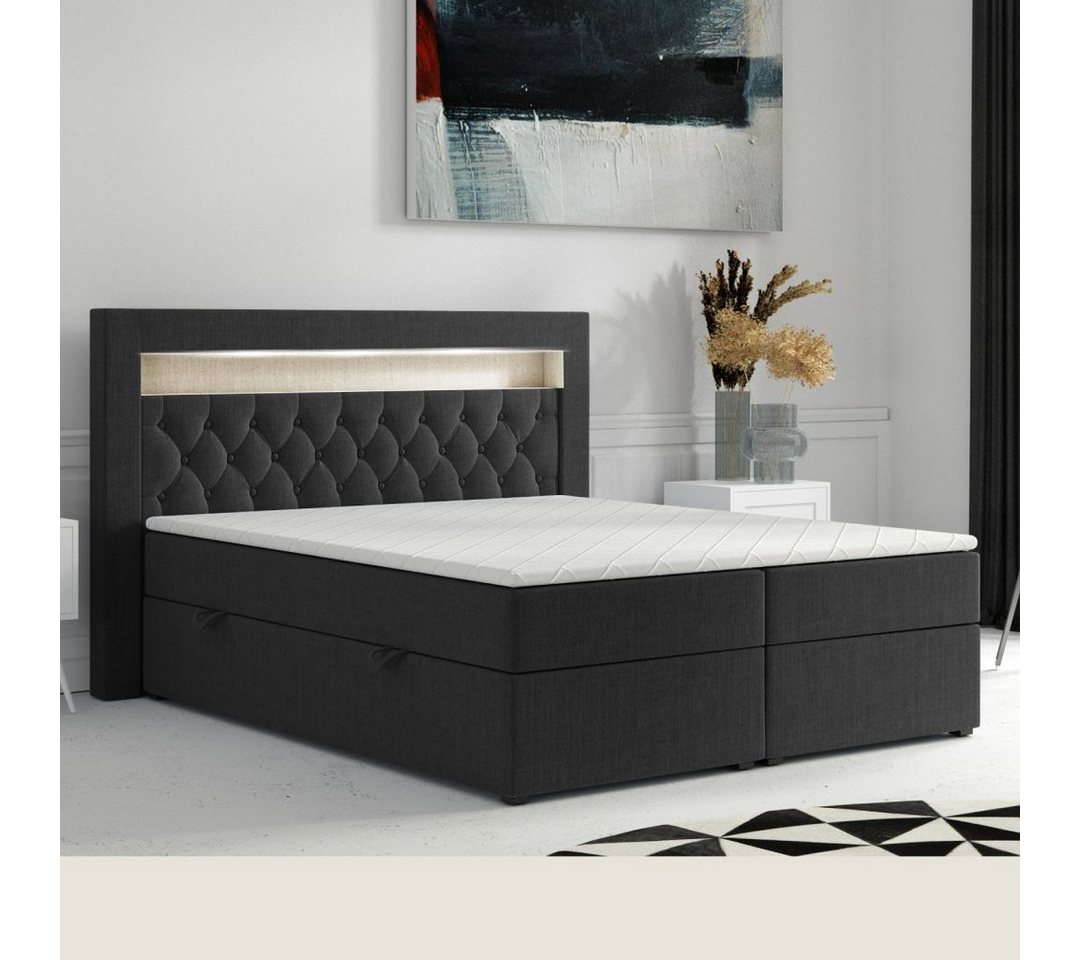 Möbel Punkt Boxspringbett Boxspringbett Denver 180x200cm Schwarz Bettkasten LED H3 (Liegefläche 180 x 200 cm), inkl. Bettkasten und Topper,inkl. LED von Möbel Punkt