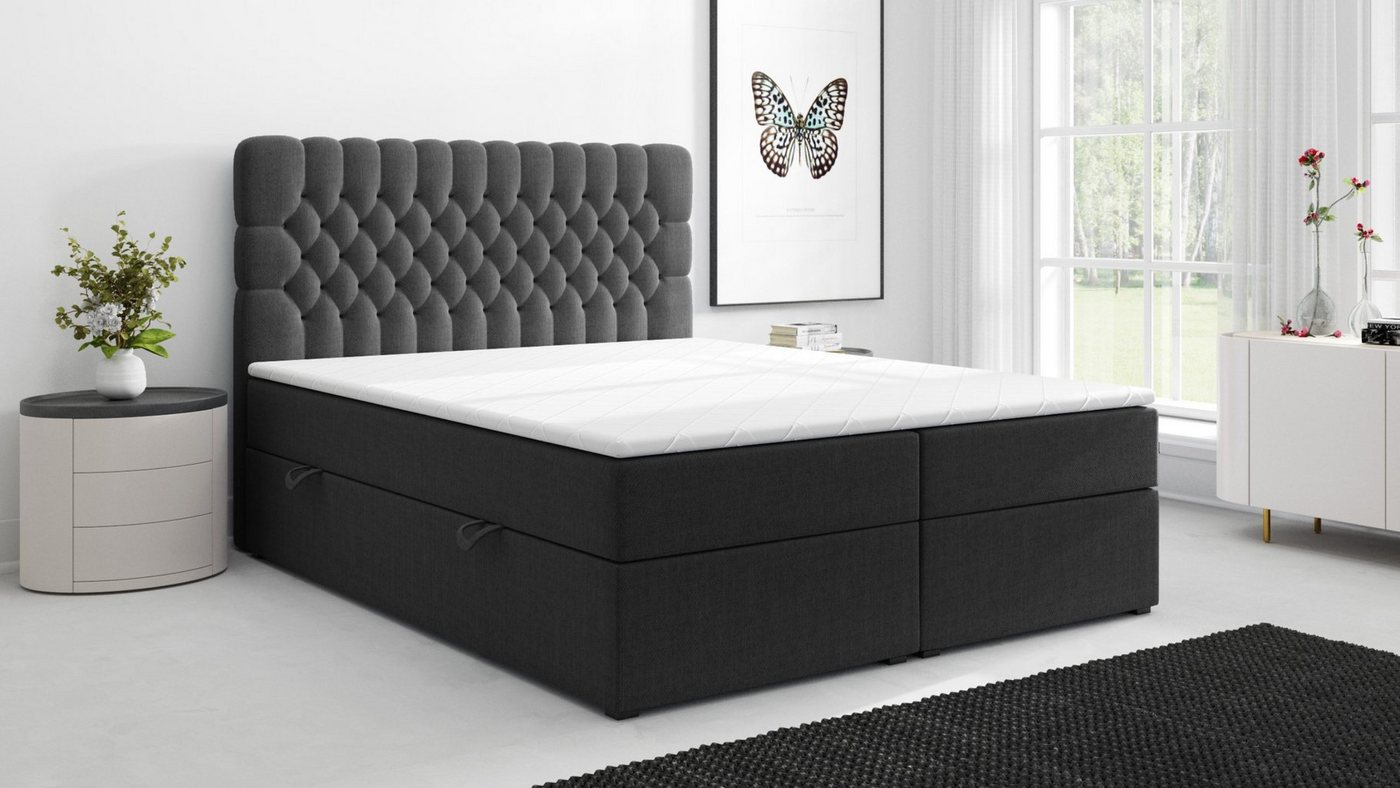 Möbel Punkt Boxspringbett Ferrara One Grau Schwarz, inkl. Bettkasten und Topper, Chesterfield - Optik von Möbel Punkt