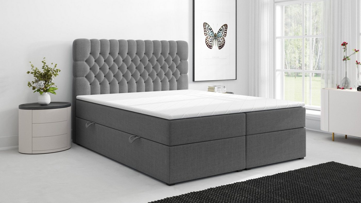 Möbel Punkt Boxspringbett Ferrara One Grau Schwarz, inkl. Bettkasten und Topper, Chesterfield - Optik von Möbel Punkt