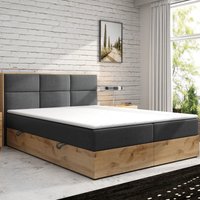 Boxspringbett LISSABON Eiche Holz mit Bettkasten 180 x 200 cm Webstoff Grau Anthrazit von Möbel Punkt