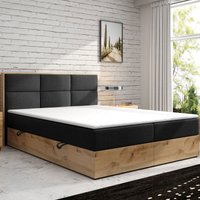 Boxspringbett LISSABON Eiche Holz mit Bettkasten 180 x 200 cm Webstoff Schwarz Anthrazit von Möbel Punkt