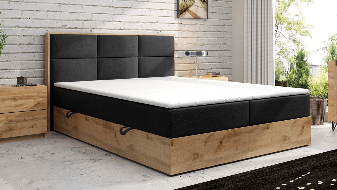 Möbel Punkt Boxspringbett Lissabon Grau Schwarz (180 x 200 cm, Eiche Nachbildung), Eiche Holz Nachbildung, inkl. Bettkasten, inkl. Topper von Möbel Punkt