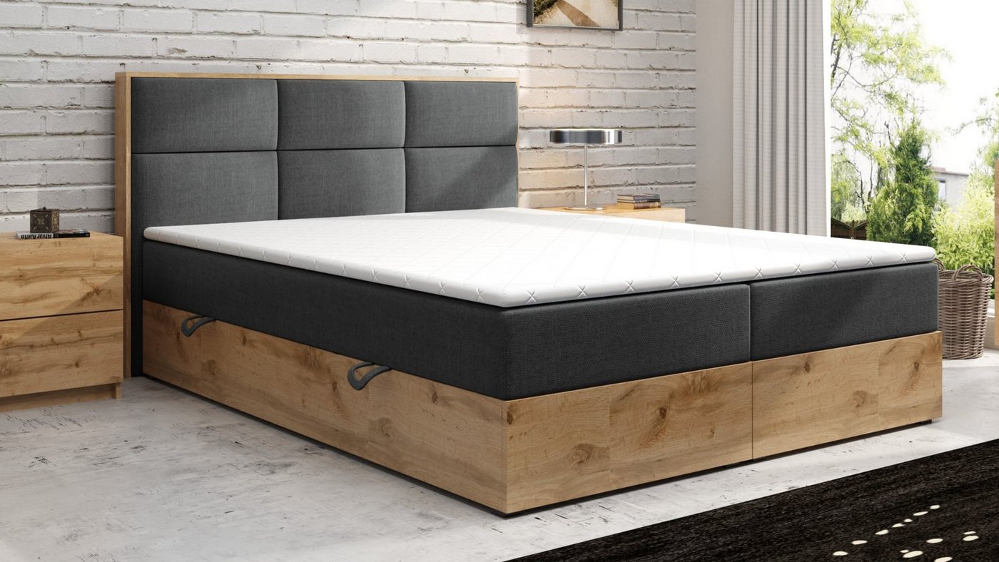 Möbel Punkt Boxspringbett Lissabon Grau Schwarz (180 x 200 cm, Eiche Nachbildung), Eiche Holz Nachbildung, inkl. Bettkasten, inkl. Topper von Möbel Punkt