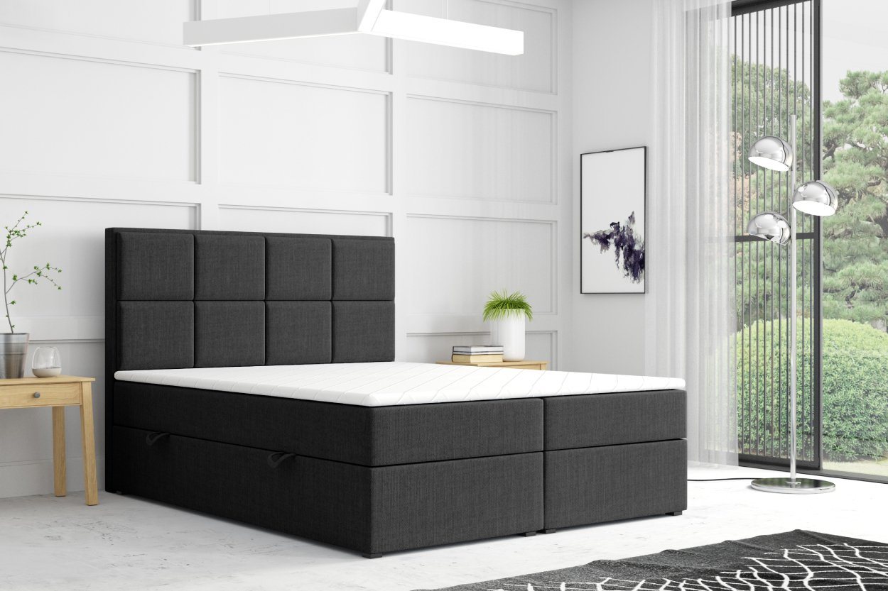 Möbel Punkt Boxspringbett Portofino Grau Schwarz (Kassetten - Fach - Optik Kopfteil, Liegefläche 180 x 200 cm), mit Bettkasten, Topper, Fußteil von Möbel Punkt