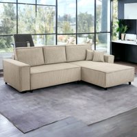 Wohnlandschaft Ecksofa Beige Genf Cord XL mit Bett Kopfteilverstellung Bett Sofa Schlafsofa Ottomane von Möbel Punkt