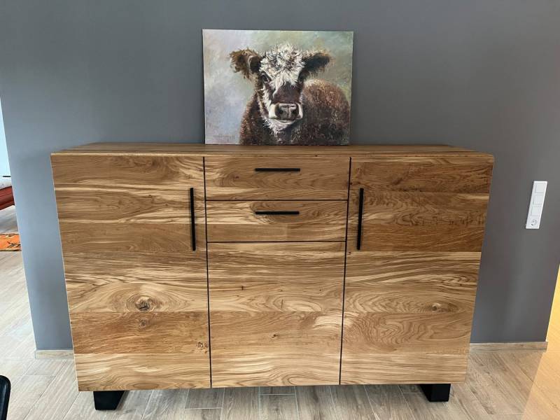 Möbel Specht Highboard Göteborg Steel Eiche massiv (Kommode, Sideboard), Kufen aus Stahl von Möbel Specht