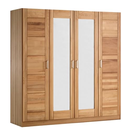 Möbel-Store24 Kleiderschrank Spiegeltür Holz Kernbuche teilmassiv Natur geölt 4-türig Pia,Maße BxTxH: 202 x 60 x 205 cm von Möbel-Store24