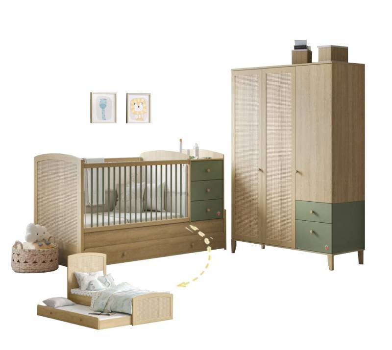 Möbel-Zeit Babyzimmer-Komplettset LOOF Babyzimmer, 2-tlg. Babybett mit Kleiderschrank, Babybett nach dem Umbau = Kinderbett + Bettkasten + Kommode + Regal von Möbel-Zeit