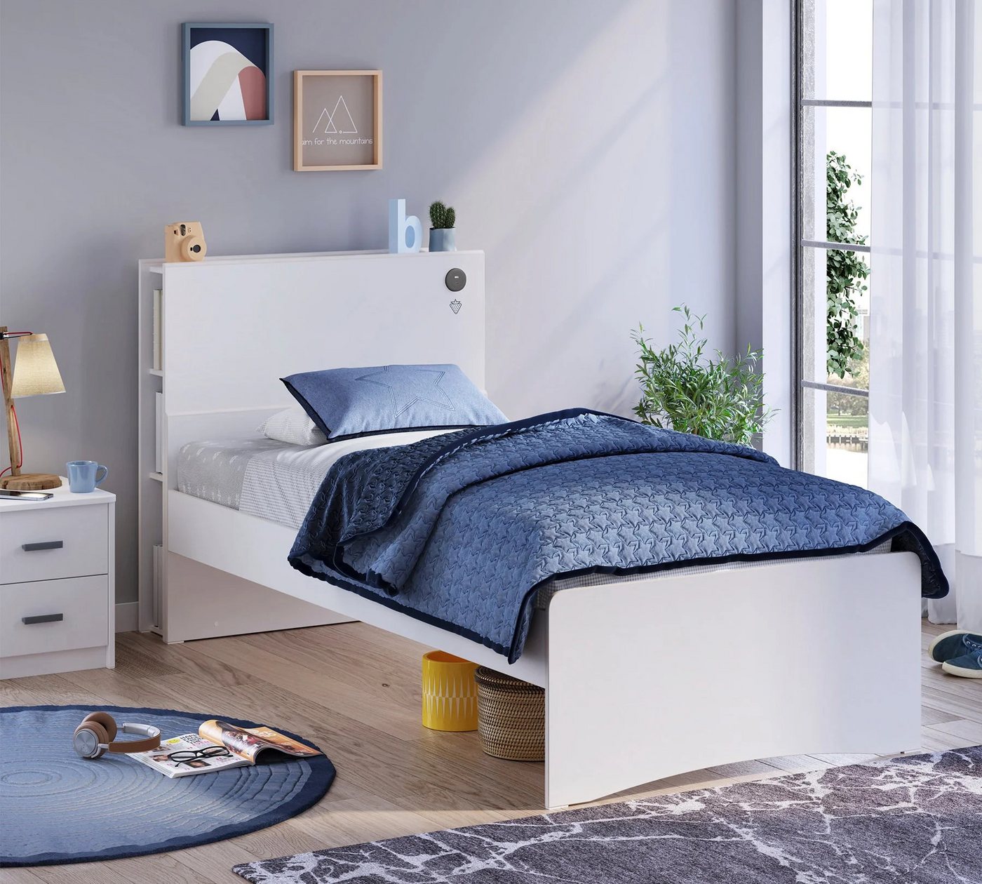 Möbel-Zeit Bett WHITE, Kopfteil mit integriertem Regal, 100x200 -120x200 cm, Optional mit Matratze Möbel-Zeit Bett WHITE, Kopfteil mit integriertem Regal, 100x200 -120x200 cm, Optional mit Matratze von Möbel-Zeit