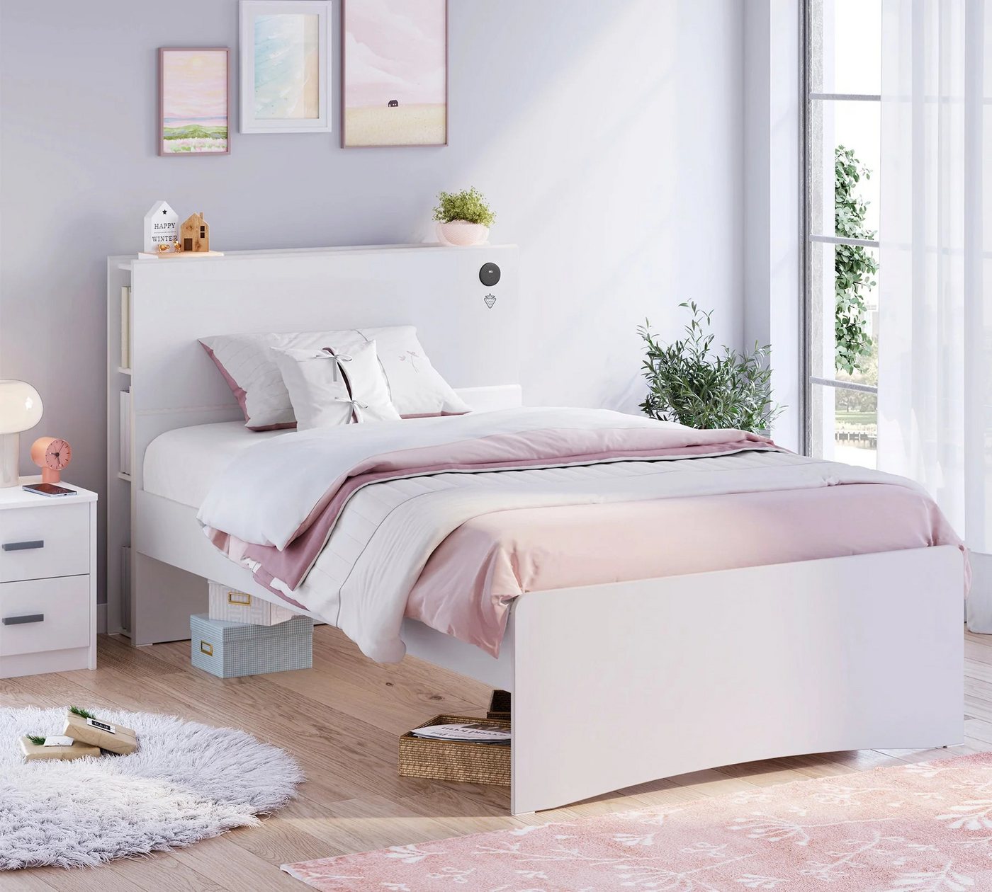 Möbel-Zeit Bett WHITE, Kopfteil mit integriertem Regal, 100x200 -120x200 cm, Optional mit Matratze Möbel-Zeit Bett WHITE, Kopfteil mit integriertem Regal, 100x200 -120x200 cm, Optional mit Matratze von Möbel-Zeit