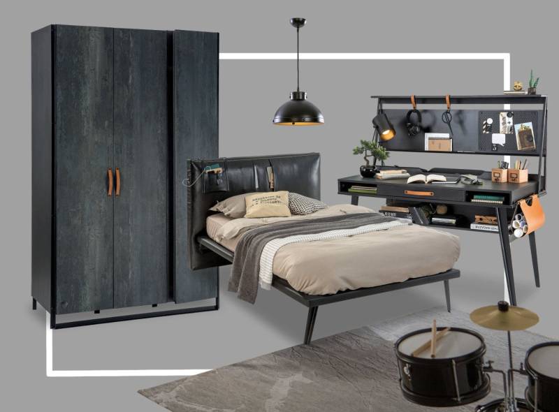 Möbel-Zeit Jugendzimmer-Set DARK 4-tlg. Kleiderschrank, Bett 100x200 cm, Schreibtisch, Aufsatz, Material: hochwertiger Holzwerkstoff (MDF) von Möbel-Zeit