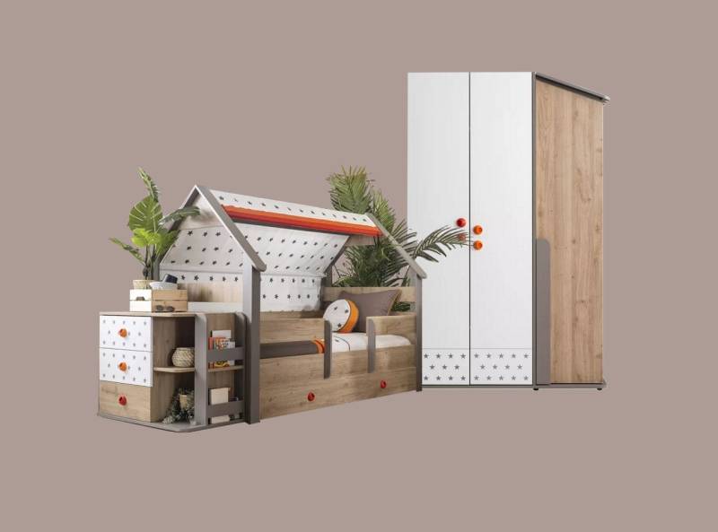 Möbel-Zeit Jugendzimmer-Set Kinderzimmer Set Hut mit Hausbett, 4-tlg von Möbel-Zeit