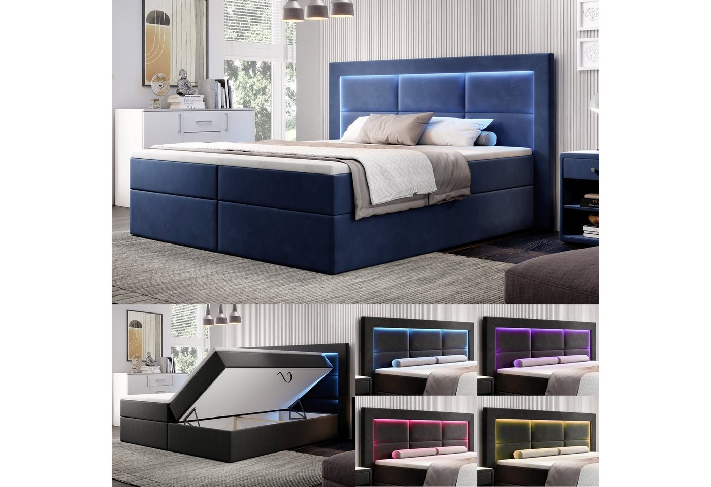 Möbel für Dich Boxspringbett Aspen mit 16-Farben LED im Kopfteil, mit Farbauswahl und 2 Bettkästen von Möbel für Dich