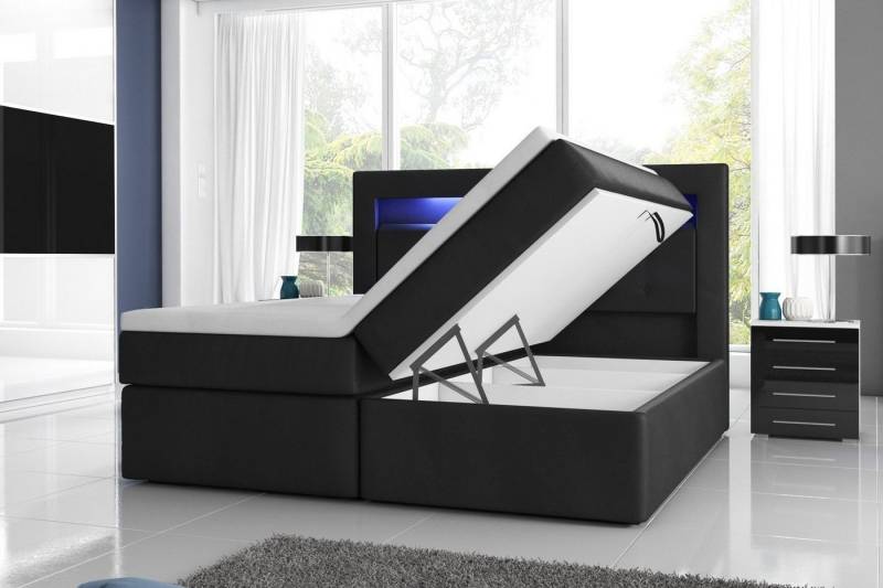 Möbel für Dich Boxspringbett Milano2 - Taschenfederkern, 7 cm Visco Topper, Bettkasten hochklappbar, LED-Licht im Kopfteil, Bezug aus Kunstleder von Möbel für Dich