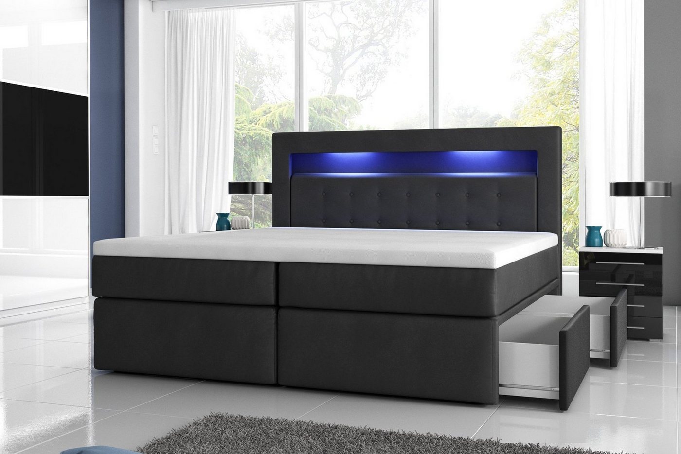 Möbel für Dich Boxspringbett Milano2 - mit Taschenfederkern, 7 cm Visco Topper, mit 2 Schubladen, LED-Licht im Kopfteil, Bezug aus Kunstleder von Möbel für Dich