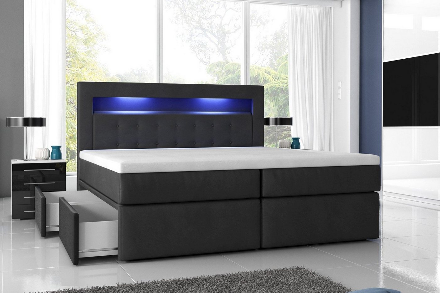 Möbel für Dich Boxspringbett Milano2 - mit Taschenfederkern, 7 cm Visco Topper, mit 2 Schubladen, LED-Licht im Kopfteil, Bezug aus Kunstleder von Möbel für Dich