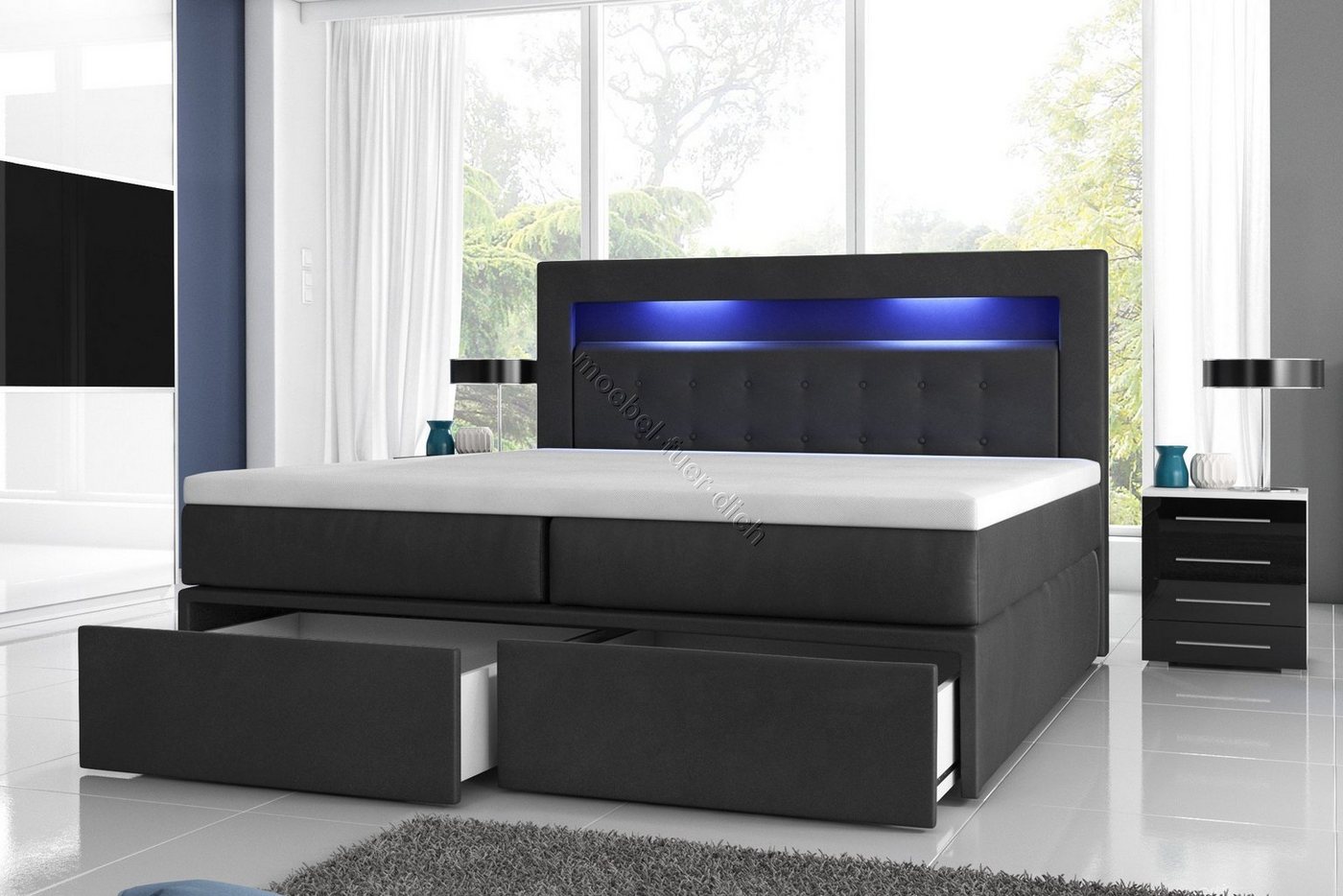 Möbel für Dich Boxspringbett Milano2 mit Taschenfederkern, 7 cm Visco Topper und Schubladen vorne, LED-Licht im Kopfteil, Bezug aus Kunstleder von Möbel für Dich