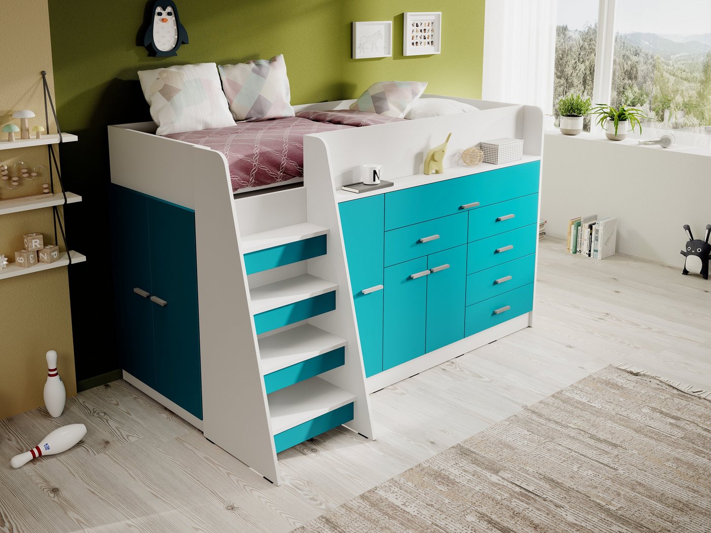 Möbel für Dich Hochbett Ingenio mit ausziehbarem Schreibtisch, Treppe und viel Stauraum mit Lattenrost von Möbel für Dich